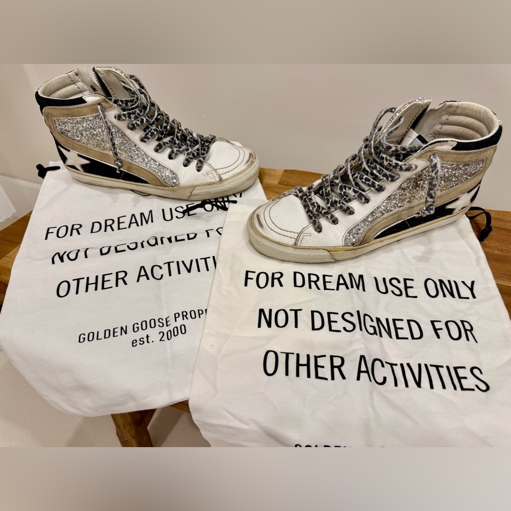 Golden Goose Silver and White High-Top Sneakers